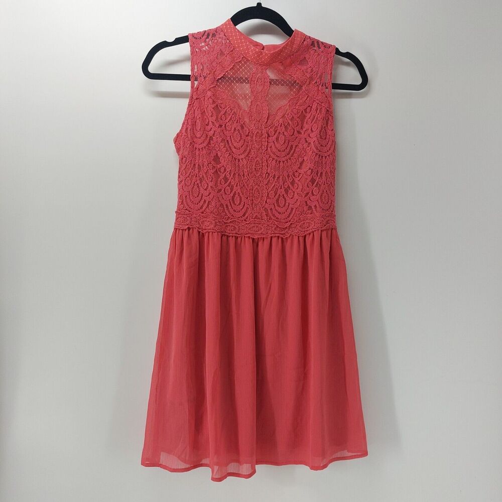 Eyeshadow Women's Coral Salmon Colored Dress Size Small Lace Mesh Sheer Cotton